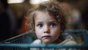 Cute Caucasian toddler boy looking at camera with innocence and joy generated by AI photo