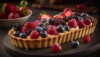 Rustic berry tart with fresh fruit and sweet cream indulgence generated by AI photo