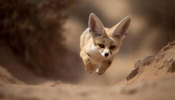 Fluffy red fox puppy running on sand, looking playful generated by AI photo