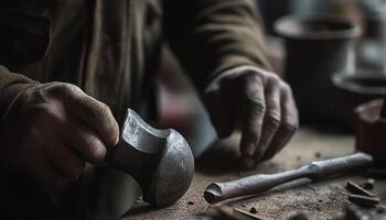 Caucasian carpenter holding steel wrench, making wooden table indoors generated by AI photo