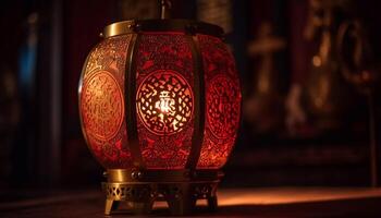 antiguo linterna brillante, esclarecedor tradicional festival decoración adentro a noche generado por ai foto