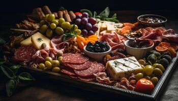 Smoked prosciutto and salami on rustic wood plate, gourmet appetizer generated by AI photo