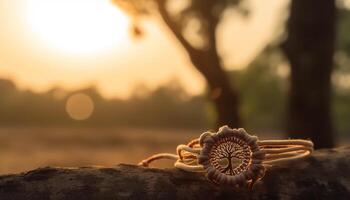 puesta de sol terminado tranquilo escena, meditando debajo antiguo árbol espiritualidad generado por ai foto