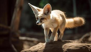 Fluffy red fox standing in grass, looking at camera generated by AI photo