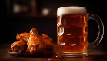 Rustic pub table with grilled meat, frothy beer and appetizers generated by AI photo