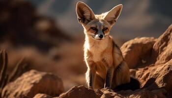 rojo zorro sentado en arena, mirando a cámara, vigilancia generado por ai foto