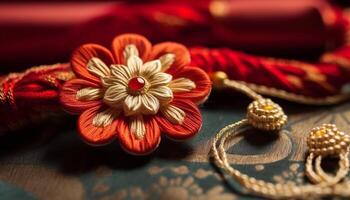 Indigenous culture celebrates traditional ceremony with ornate gold jewelry generated by AI photo