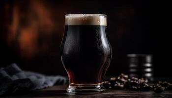 espumoso cerveza negra vertido dentro medio litro vaso en de madera bar mostrador generado por ai foto