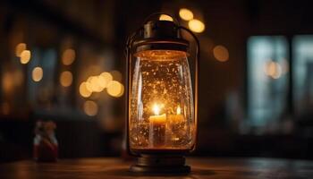 Glowing candle illuminates old fashioned table decoration in rustic setting generated by AI photo