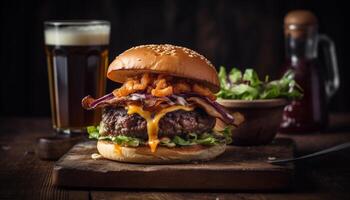 Grilled cheeseburger and fries, a classic American pub food meal generated by AI photo