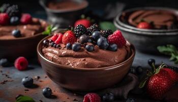 Fresh berry dessert on rustic wood table with chocolate indulgence generated by AI photo