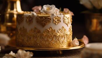 Golden candle illuminates ornate wedding dessert table with chocolate indulgence generated by AI photo