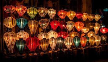 Vibrant colored lanterns illuminate traditional Chinese festival in dark night generated by AI photo