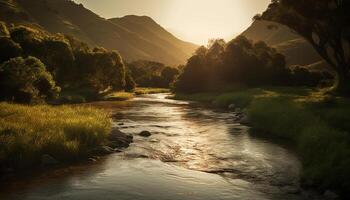 Tranquil sunset over mountain range reflects on calm water surface generated by AI photo