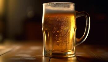 Frothy beer drop on glass table, refreshing cold celebration night generated by AI photo