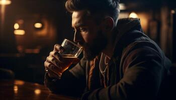 casual hombres disfrutar whisky a oscuro pub, sonriente con elegancia generado por ai foto