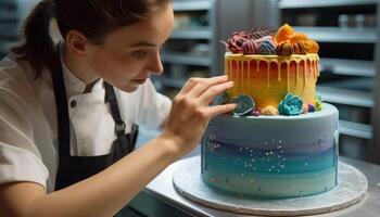 Cute girl smiling, baking homemade birthday cake with chocolate icing generated by AI photo