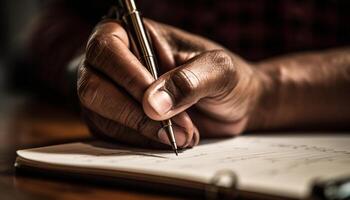 uno persona trabajando en papeleo con bolígrafo y papel generado por ai foto