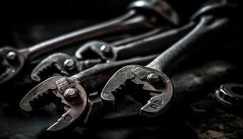 Rusty wrenches and pliers in old metal toolbox on wood generated by AI photo