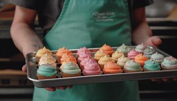 Caucasian chef making gourmet cupcakes with fresh, homemade ingredients generated by AI photo