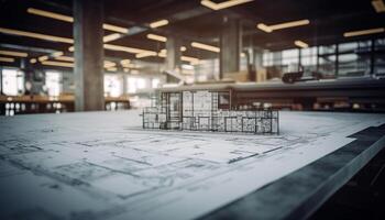 Modern architect blueprint guides construction industry development indoors generated by AI photo