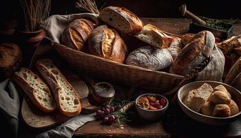 Rustic ciabatta and baguette in a wooden basket, farm fresh meal generated by AI photo