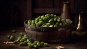 Organic brewery barrel stack, ripe fruit and hop seasoning composition generated by AI photo