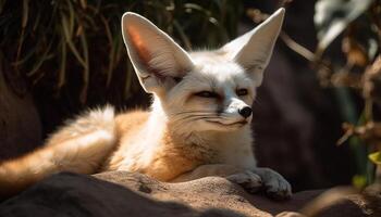 Young feline red fox sitting in grass, looking alertly generated by AI photo