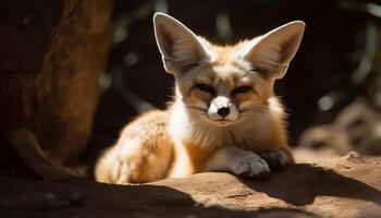 Red fox staring, alertness in animal eye, natural beauty portrait generated by AI photo