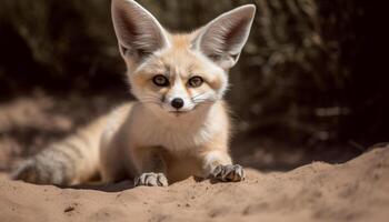 Cute kitten staring, alert with fluffy fur, whiskers and tail generated by AI photo