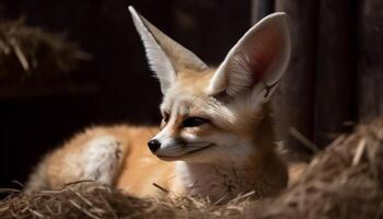 Small red fox, fluffy fur, alertness, looking at camera, outdoors generated by AI photo