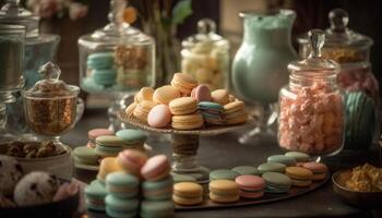 Multi colored macaroons, a gourmet French indulgence, arranged on rustic wood generated by AI photo