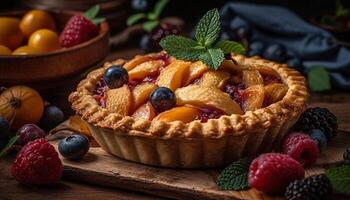 Rustic homemade berry tart with fresh blueberries and raspberries generated by AI photo