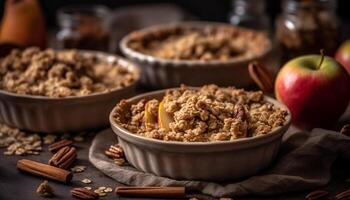 Homemade granola bowl with fresh fruit, nuts, and chocolate generated by AI photo