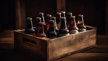 Rustic whiskey cellar stack, old fashioned beer bottle collection, still life generated by AI photo