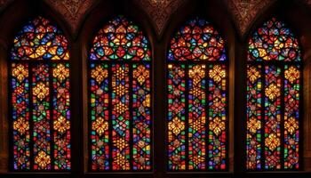 manchado vaso ventana en gótico estilo abadía, simbolizando cristiandad generado por ai foto