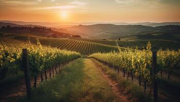 amanecer terminado tranquilo viñedo, un belleza en naturaleza vinificación crecimiento generado por ai foto