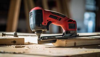 Carpenter workshop skilled craftsperson sawing timber with circular saw generated by AI photo