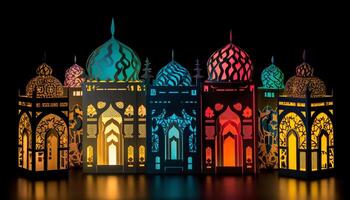 Ramadan night illuminated minaret symbolizes spirituality and cultural celebration generated by AI photo