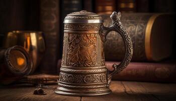 Antique wooden table with old books, rustic mug collection generated by AI photo