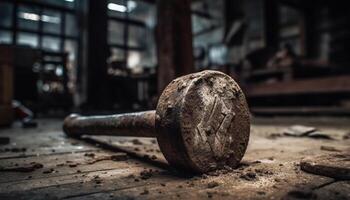 Craftsperson repairing old fashioned metal machinery with rusty wrench indoors generated by AI photo