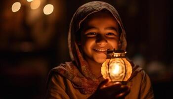 Smiling males holding lantern, celebrating Halloween with glowing fire generated by AI photo