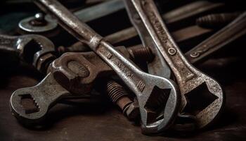 Rusty wrenches and tools in a mechanic workshop collection generated by AI photo