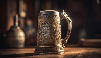 Rustic mug handle, copper and wood, a brewery souvenir generated by AI photo