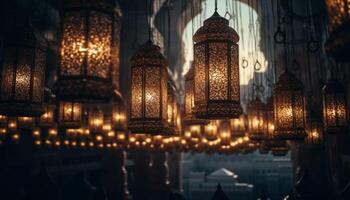 Illuminated lanterns symbolize spirituality in traditional Ramadan celebrations outdoors generated by AI photo