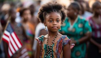 sonriente africano muchachas en tradicional ropa celebrar indígena cultura al aire libre generado por ai foto