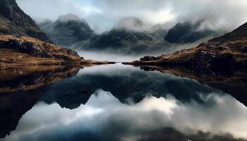 Majestic mountain range reflects in tranquil water, a winter beauty generated by AI photo