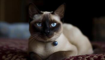 Fluffy kitten resting on bed, staring curiously photo