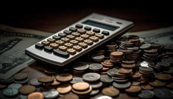 Stacks of coins and bills symbolize financial success and wealth generated by AI photo