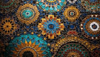 Vibrant patchwork of Turkish tiles creates ornate geometric backdrop generated by AI photo